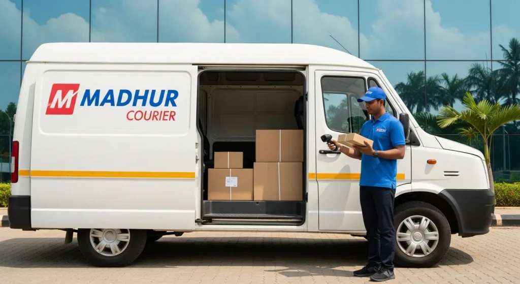 Madhur Courier Services delivery van and tracking system at distribution center in India