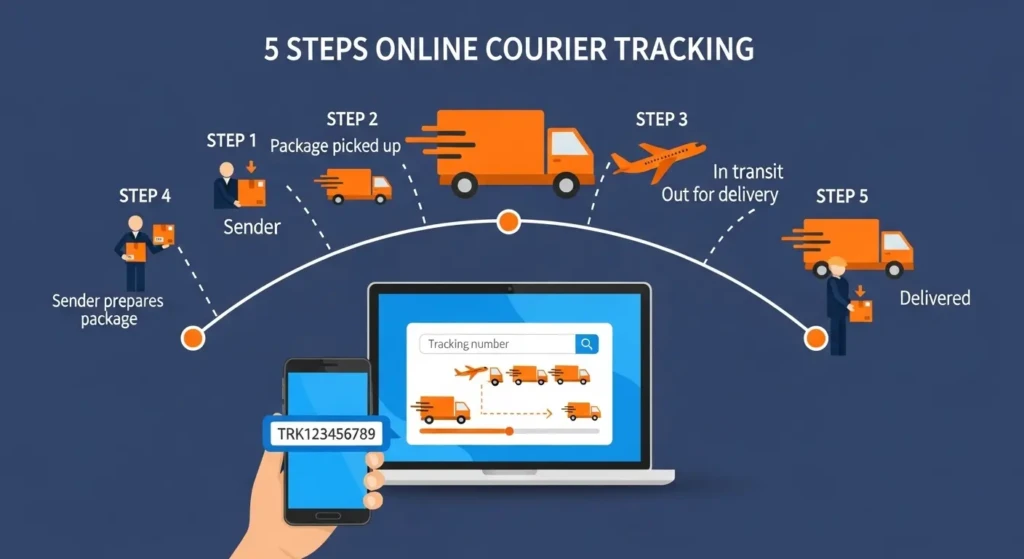 Step-by-step guide for Pushpak Courier online tracking showing tracking number entry and real-time parcel status checking process