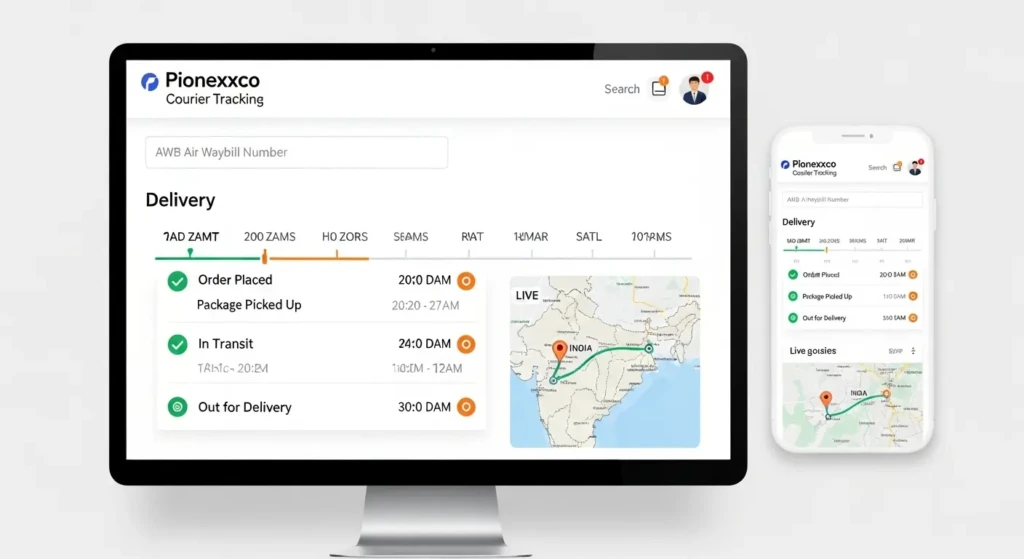 Pionexxco courier tracking interface showing AWB number search and real-time delivery status timeline