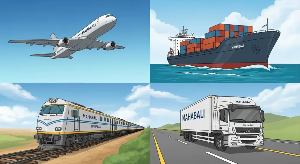 Mahabali Courier multi-modal transportation network including air cargo, sea freight, railway delivery and road transport services