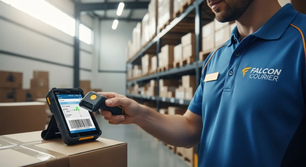 Falcon Courier employee scanning package with tracking device in warehouse
