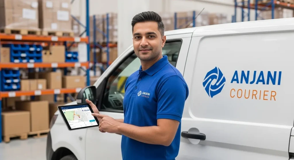 Anjani Courier delivery agent tracking parcels with digital tablet showing real-time shipment monitoring system