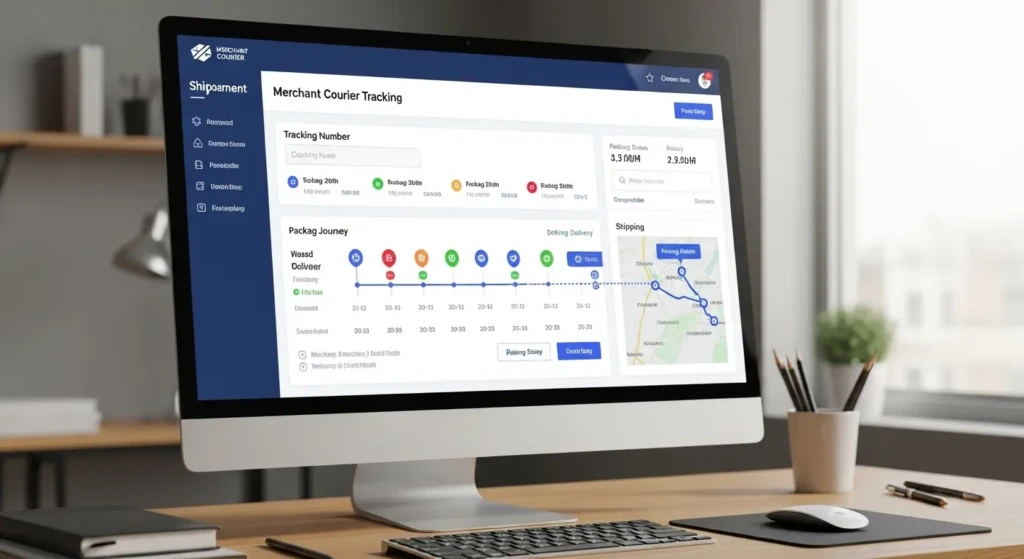 Merchant Courier online tracking portal displaying real-time shipment status and delivery timeline
