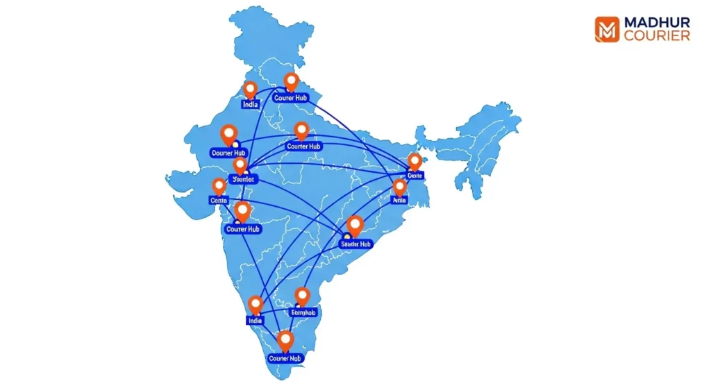 Madhur Courier Services coverage map showing 6000+ pin codes across India with branch network