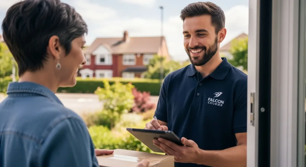 Customer receiving Falcon Courier package delivery with signature confirmation