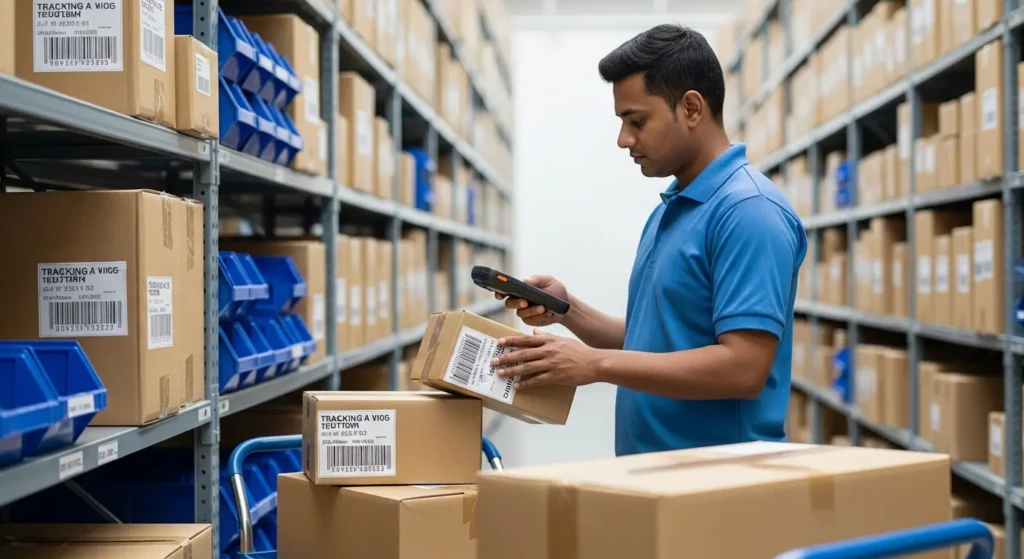 Merchant courier staff scanning package barcode for real-time tracking updates in warehouse facility