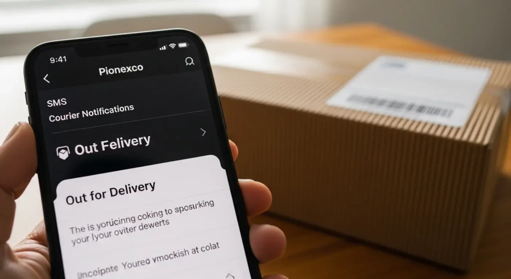 Mobile phone showing Pionexxco courier out for delivery notification with SMS and email tracking alerts