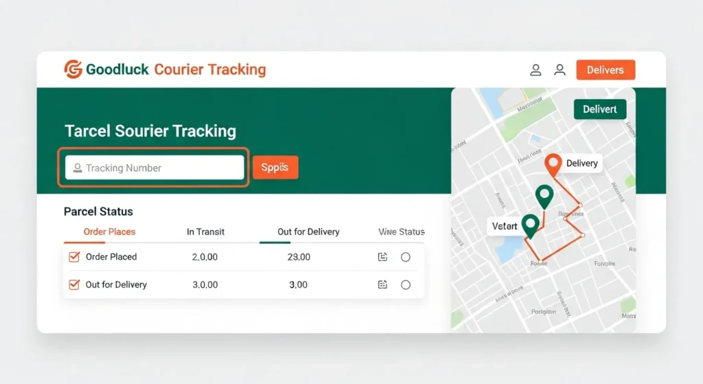 Goodluck Courier online tracking interface showing real-time parcel status and delivery timeline