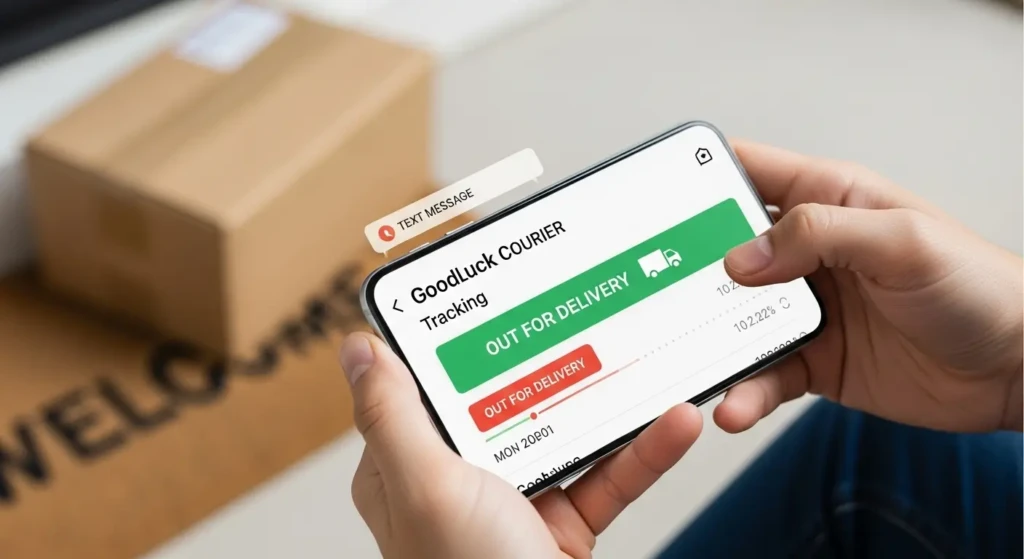 Mobile phone showing Goodluck Courier tracking notification with out for delivery status and SMS alert
