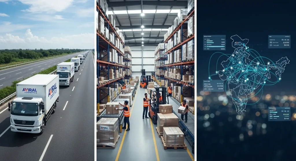 Aviral Bulk Handling Logistics fleet operations showing GPS-enabled vehicles and warehouse facilities across India