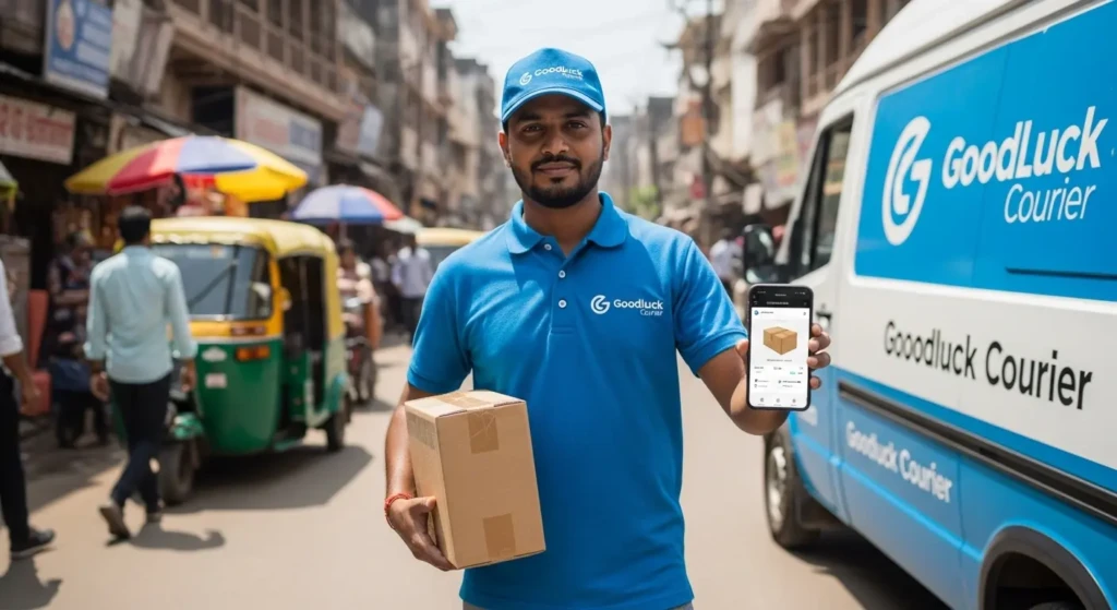 Goodluck Courier delivery executive tracking package with smartphone for real-time shipment monitoring