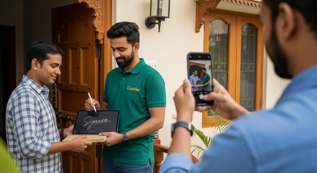 Merchant Courier delivery executive capturing proof of delivery with digital signature and photo verification
