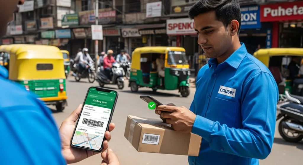 Pushpak Courier tracking process showing delivery person scanning parcel barcode with mobile tracking system in India