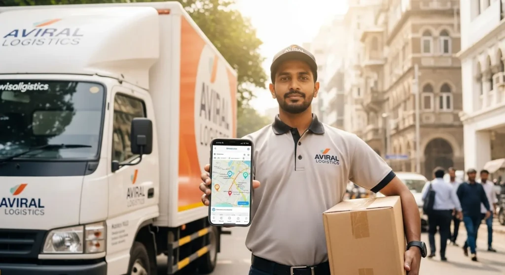 Aviral Courier delivery executive with GPS tracking device for real-time bulk cargo and parcel monitoring services