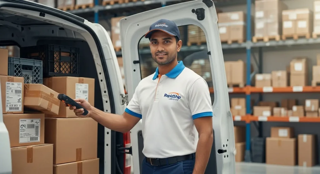 Mahabali Courier delivery professional scanning parcels for real-time tracking updates in modern logistics facility