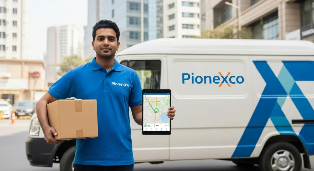 Pionexxco Courier delivery executive with tracking tablet for real-time parcel monitoring and express delivery services
